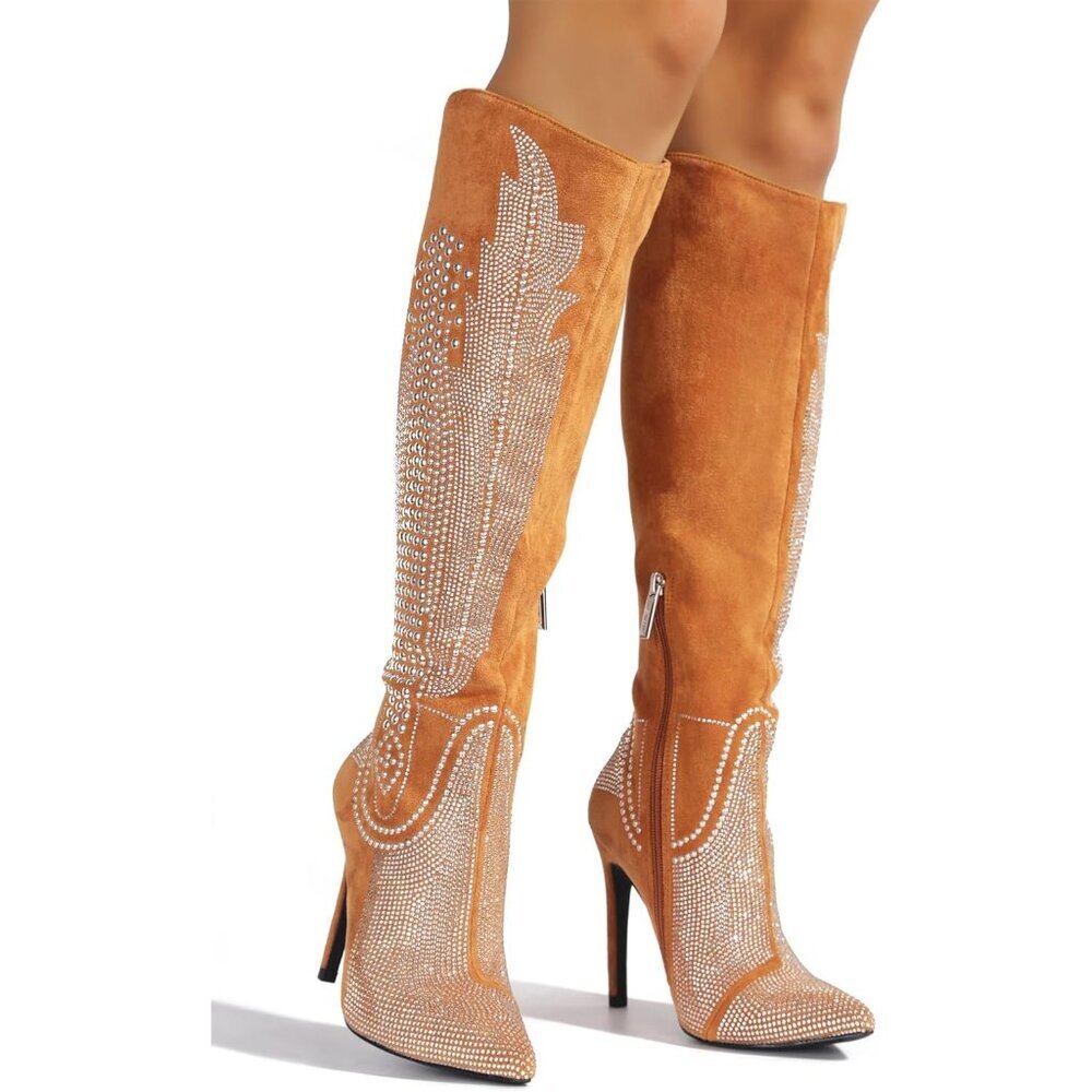 ⚡Women's Tan Western Cowgirl Boots Knee High With Stiletto Heels Fashion - Picture 5 of 7
